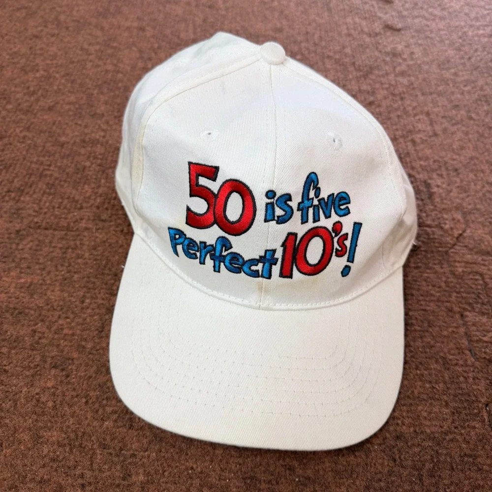 Vintage Shoebox 50th Birthday Snapback Hat White 50 is Five Perfect 10s Cotton